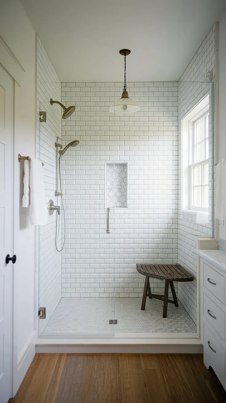 Step into serenity. This farmhouse master bathroom's walk-in shower, complete with a wooden bench and vintage lighting, offers a spa-like escape. The open design and natural light create a tranquil atmosphere, perfect for unwinding after a long day. A testament to thoughtful design and luxurious simplicity.