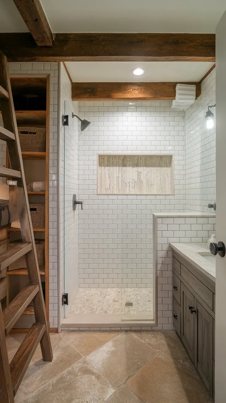 This charming farmhouse bathroom maximizes space with a doorless walk-in shower, showcasing a beautiful textured white tile. The rustic wooden beams and ladder add character, creating a cozy and efficient retreat. A simple vanity completes the serene atmosphere.