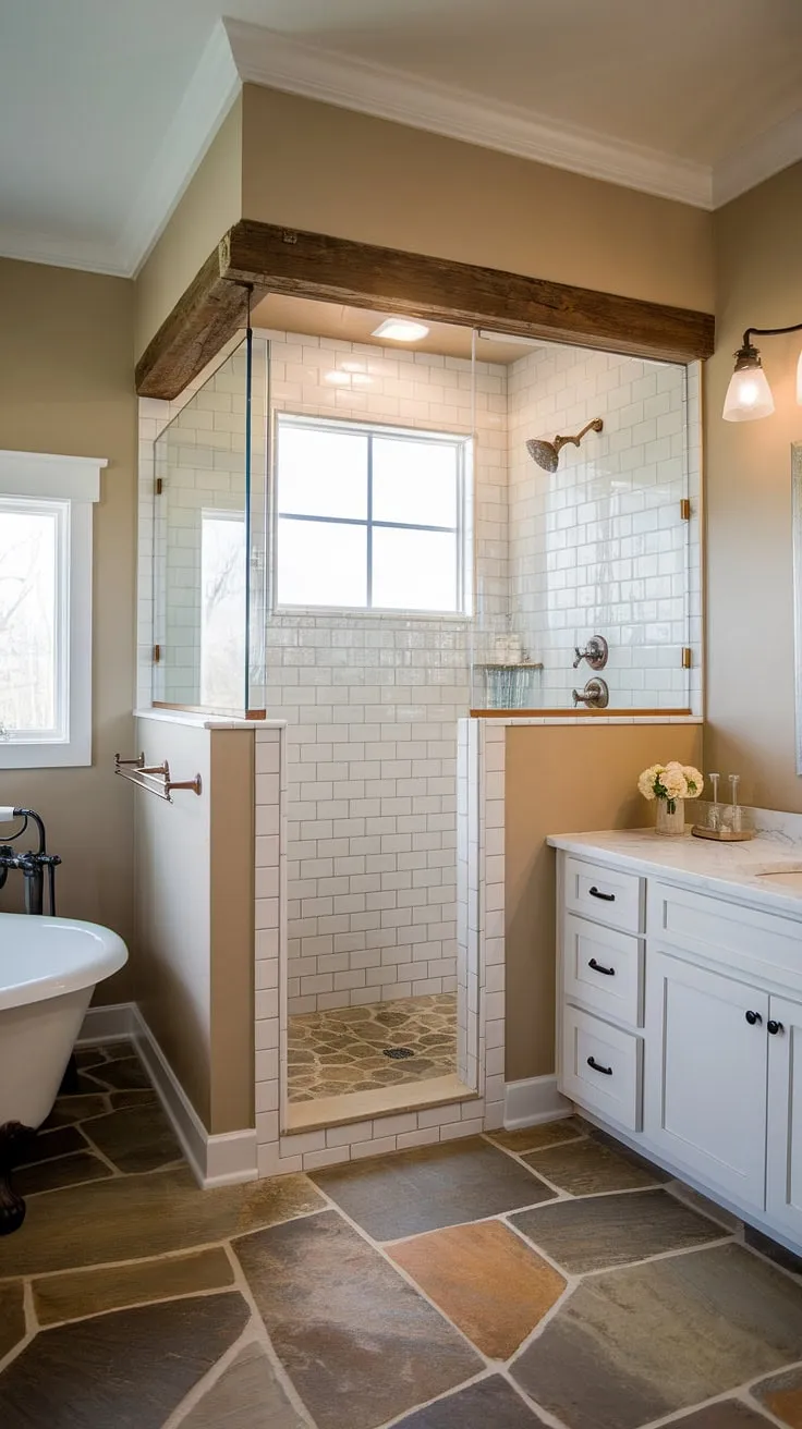 Indulge in the serene escape of this farmhouse master bathroom, where a walk-in shower with stone-like tile flooring and a rustic wooden beam overhead meets the tranquility of a freestanding bathtub and vintage-inspired sink. The natural light streaming through the windows completes this perfectly balanced retreat. A sanctuary awaits.