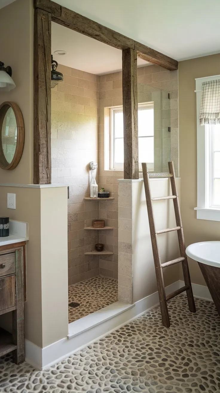 Indulge in the simple pleasures. A doorless shower, crafted with rustic wooden beams and a soothing river rock floor, creates a serene sanctuary within this charming farmhouse bathroom. A vintage clawfoot tub and thoughtful details complete this A-list escape.