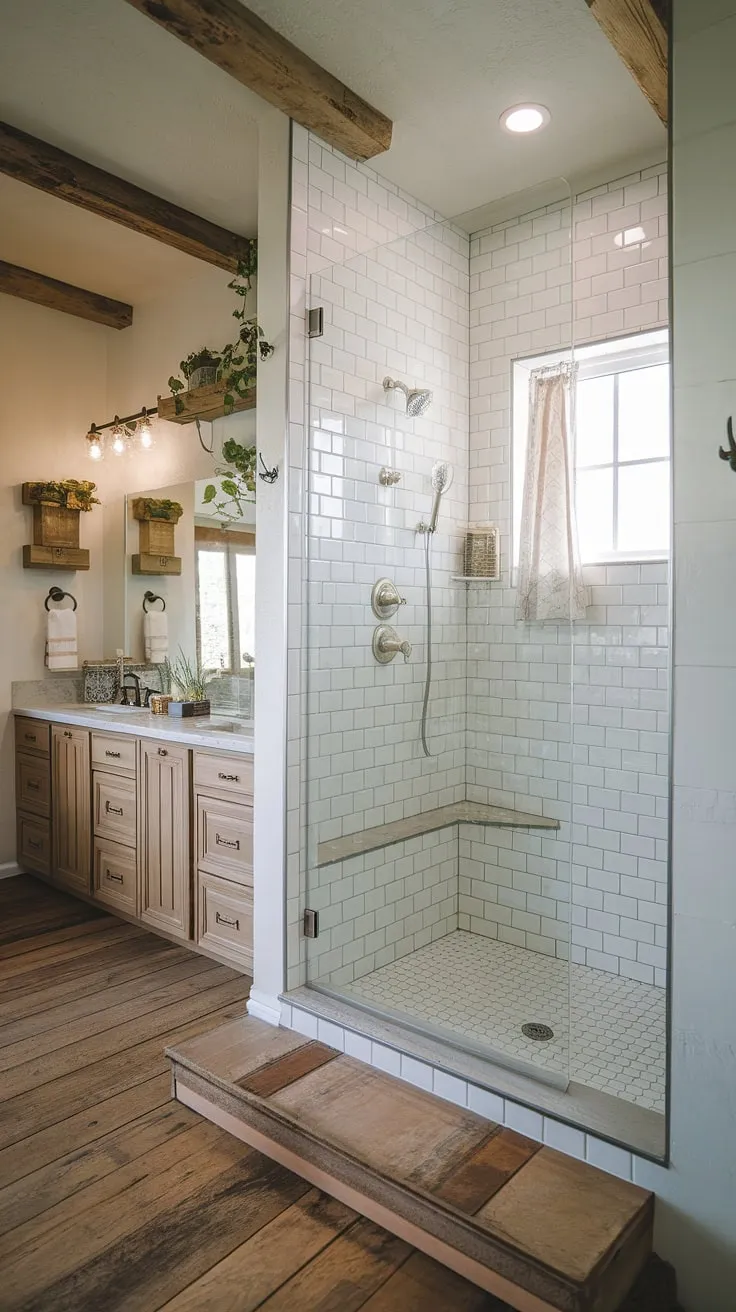Step into tranquility. This farmhouse master bathroom's frameless walk-in shower, crafted from pristine white tile, offers a spa-like experience enhanced by the natural light streaming through the window. The rustic wooden floors and exposed beams add warmth, creating a haven of serenity. A perfect blend of modern convenience and charming rustic design.
