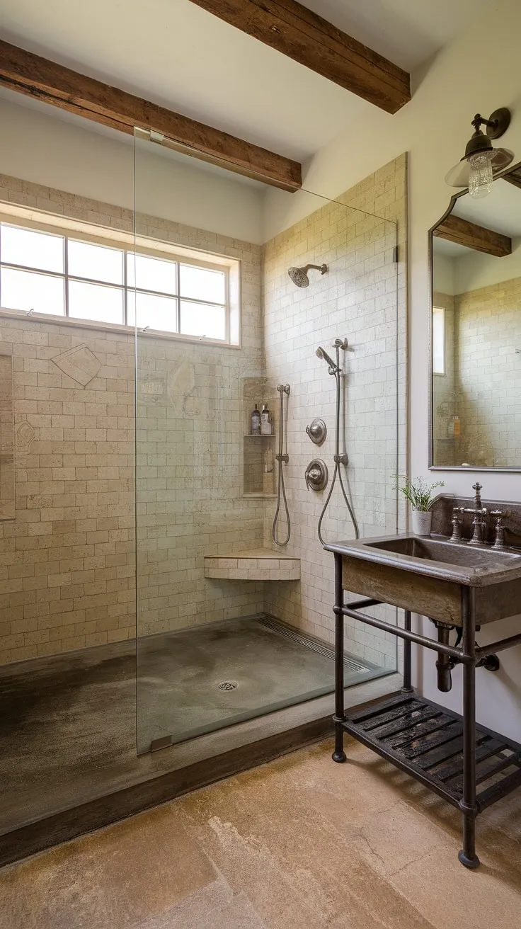 Step into your own private oasis. This master bathroom boasts a stunning, doorless walk-in shower, featuring multiple showerheads and a built-in seat for ultimate relaxation. The combination of concrete, beige tile, and vintage fixtures creates a unique and inviting space, perfect for unwinding after a long day. The charming window with exposed beams adds to the farmhouse appeal.