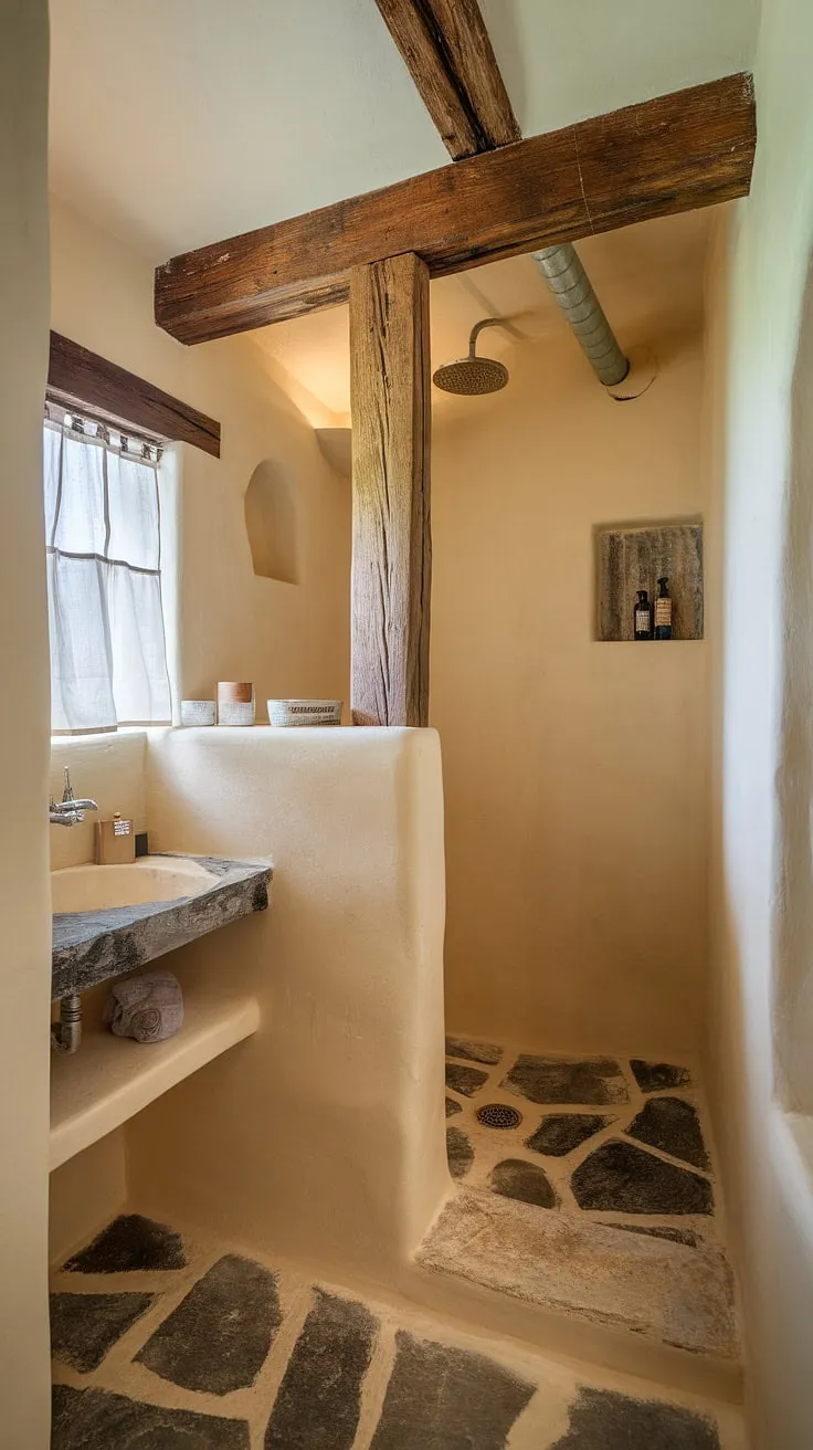 Escape the everyday in this charming bathroom retreat. The doorless walk-in shower, featuring a rustic stone and wood design, offers a tranquil escape. The exposed pipe and simple wooden beam add character, while the small window and beige walls create a calming atmosphere. A testament to the beauty of minimalist design and the power of natural materials.