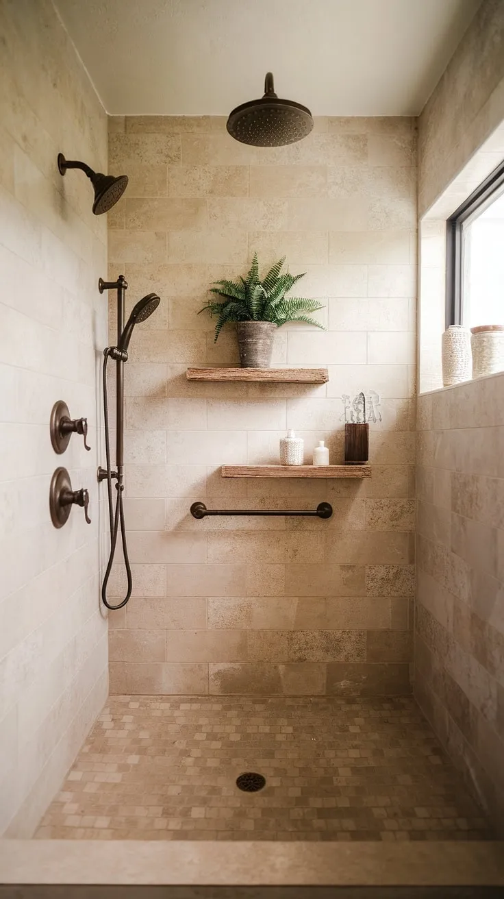 Transform your daily routine with this stunning farmhouse shower. Three showerheads, a doorless design, and warm beige tile create a luxurious and spacious feel, even in a smaller bathroom. The addition of a simple wooden shelf and a touch of greenery elevates the space to a tranquil oasis. A
