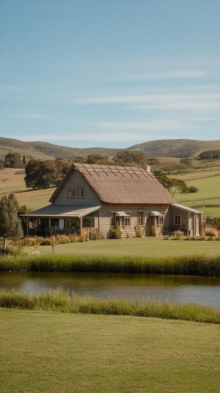 Nestled in the serene Australian countryside, this weathered farmhouse with its thatched roof echoes the whispers of generations, framed by tranquil lakes and rolling hills.
