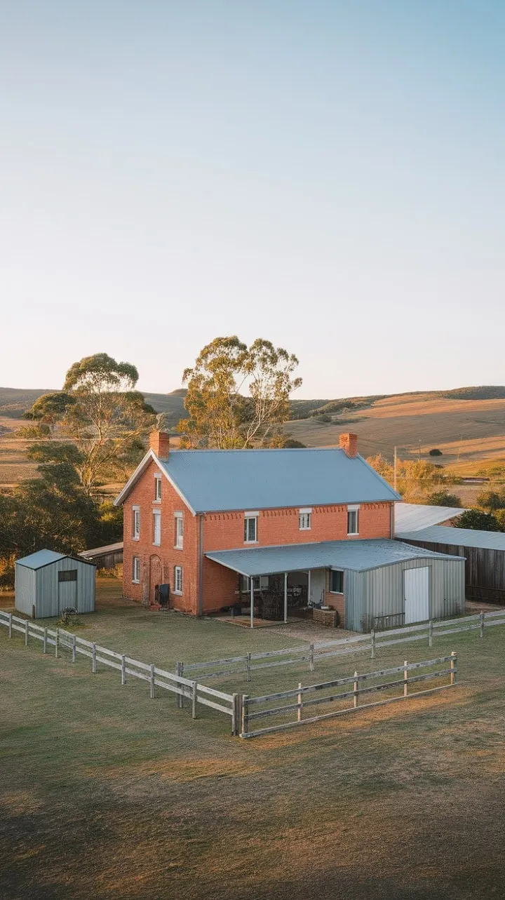 Beneath a boundless sky, a charming red brick farmhouse stands as a timeless symbol of the serene beauty and resilience of the Australian countryside.