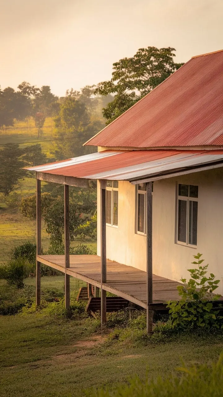Sunlight dances on the charming white farmhouse, embraced by lush greenery and an inviting veranda, crafting a picturesque oasis of tranquility.