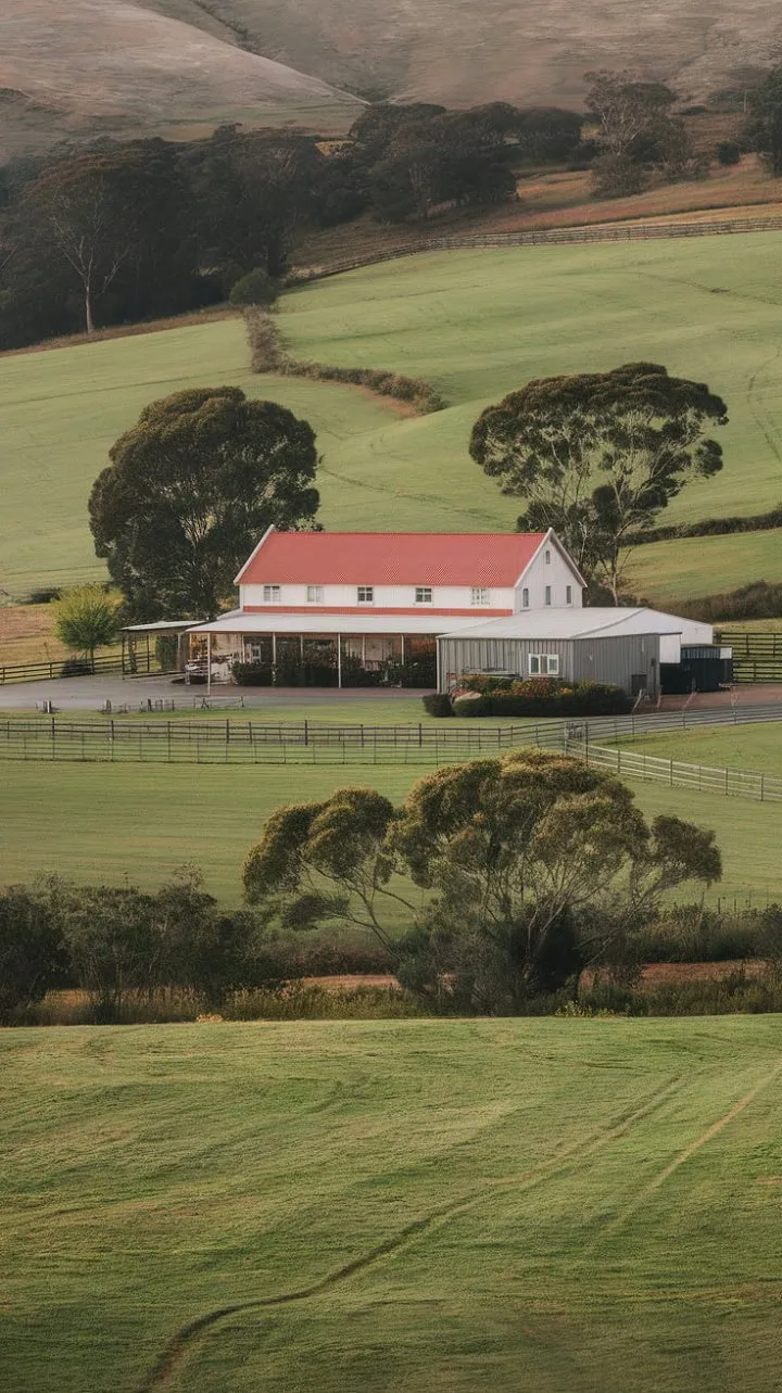 In the heart of the Australian countryside, a charming white farmhouse with a red roof offers a serene retreat amidst lush pastures and rolling hills, where time gently slows down.