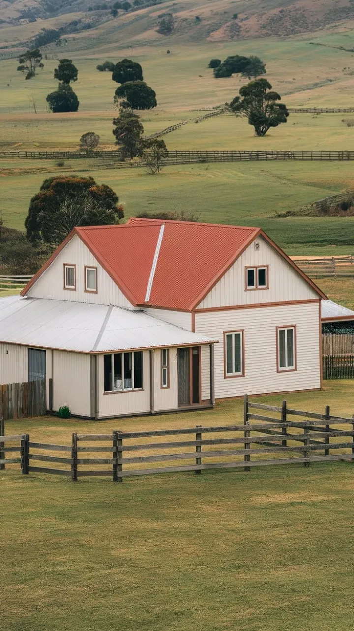 This enchanting white farmhouse, set against the backdrop of rolling hills, embodies the enduring charm and simplicity of the Australian countryside.