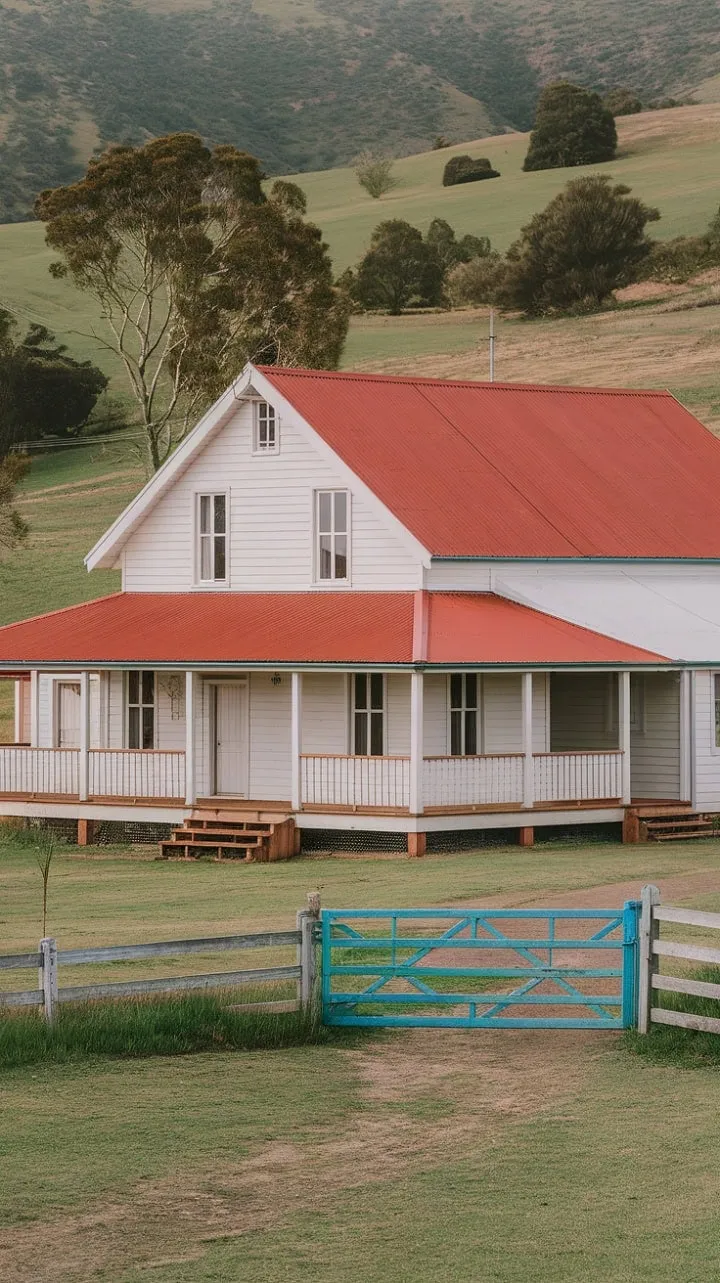 This charming whitewashed farmhouse, with its red roof and blue gate, offers a serene retreat amidst the picturesque Australian countryside.