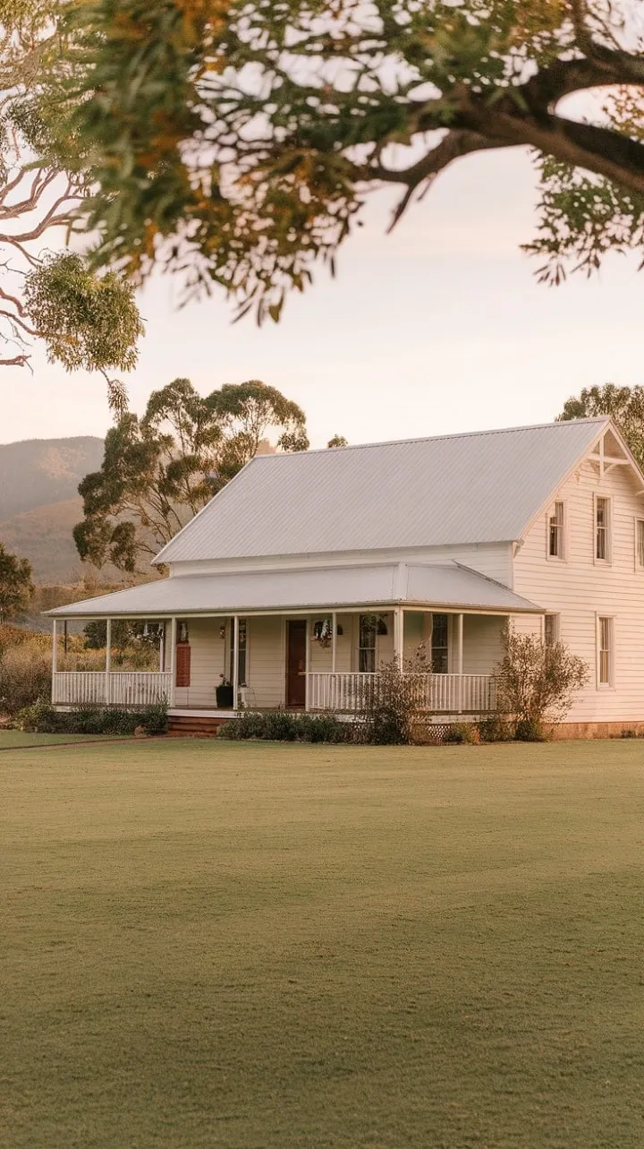 This enchanting farmhouse, cradled by the Australian countryside, offers a serene retreat with its inviting porch and picturesque landscape.