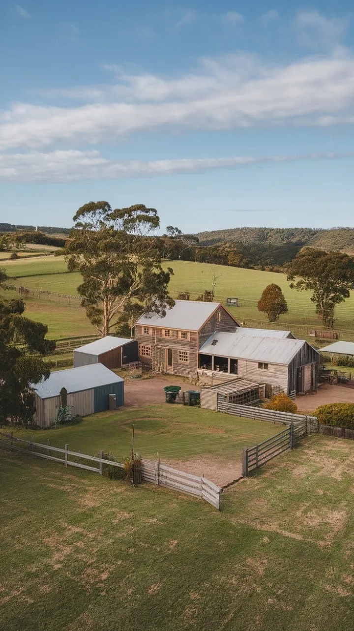 Nestled among rolling hills and distant gum trees, a sun-kissed Australian farmhouse stands as a timeless sanctuary, echoing the simple joys of country life.