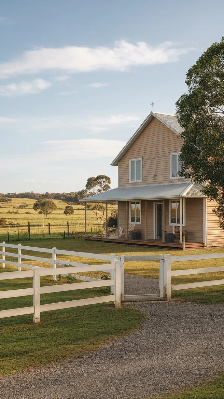 Amidst rolling hills and endless skies, a weathered farmhouse stands as a proud testament to Australian resilience, embraced by a white fence and a time-worn gravel path that beckons you to uncover its rich stories.