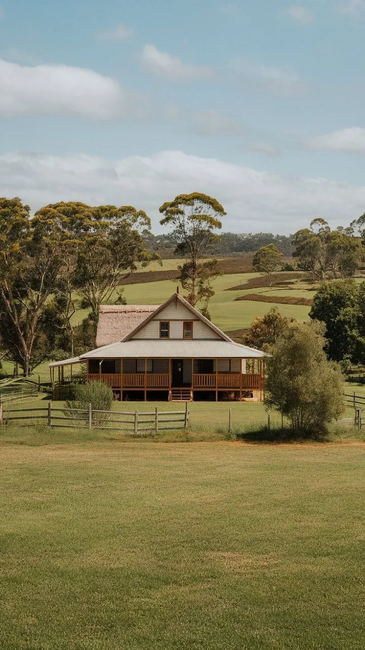 This sunlit rural retreat, with its inviting wooden veranda, offers a serene escape into the tranquil beauty of the Australian countryside.