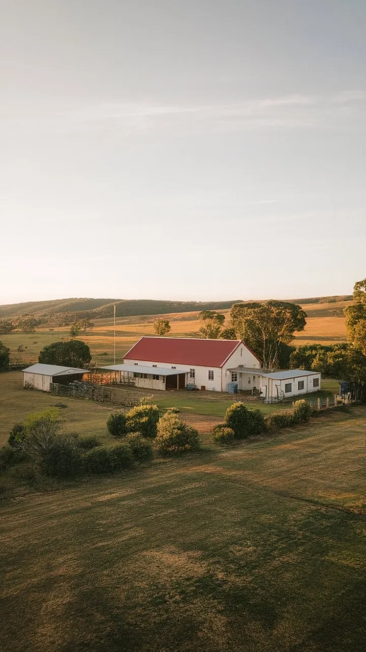 Nestled in lush greenery, this charming white farmhouse embodies the serene simplicity of rural Australia, framed by picturesque hills and outbuildings.