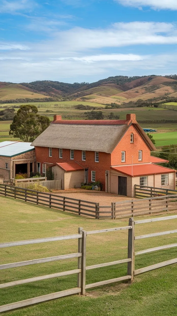 This quintessential Australian homestead, with its red brick farmhouse and weathered wooden fence, embodies rustic charm and the timeless stories of generations amidst sprawling landscapes.