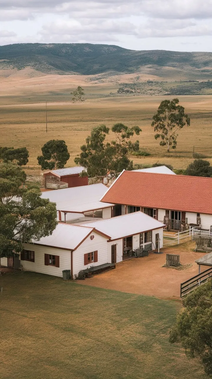 Nestled in the heart of the Australian countryside, this charming farmhouse with its classic white walls and red roof embodies resilience and rural beauty amidst a breathtaking landscape.