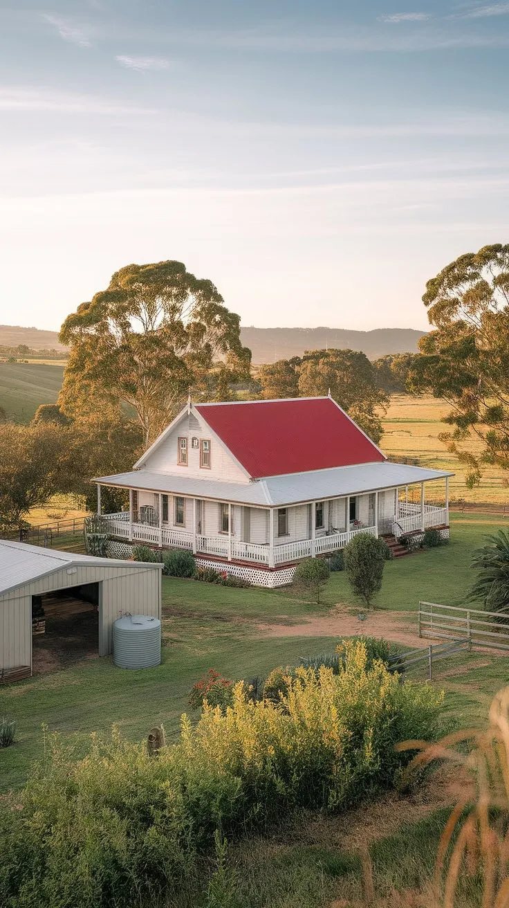A quintessential Australian farmhouse, bathed in the warm glow of the sun, stands proudly amidst rolling hills and lush greenery. The red roof and white weatherboards tell a story of resilience and simple country living, a testament to the enduring spirit of the land. A tranquil scene, complete with a shed, water tank, and the promise of a peaceful life.