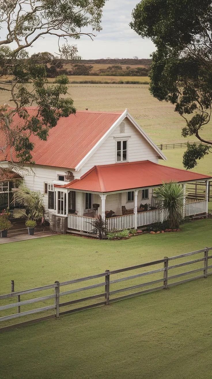 This whitewashed farmhouse, nestled amongst the vibrant greenery of the Australian countryside, whispers tales of generations past. The red roof and wrap-around veranda are classic features, hinting at a rich history and a peaceful existence far from the city's clamor. A true testament to the beauty of rural Australia.