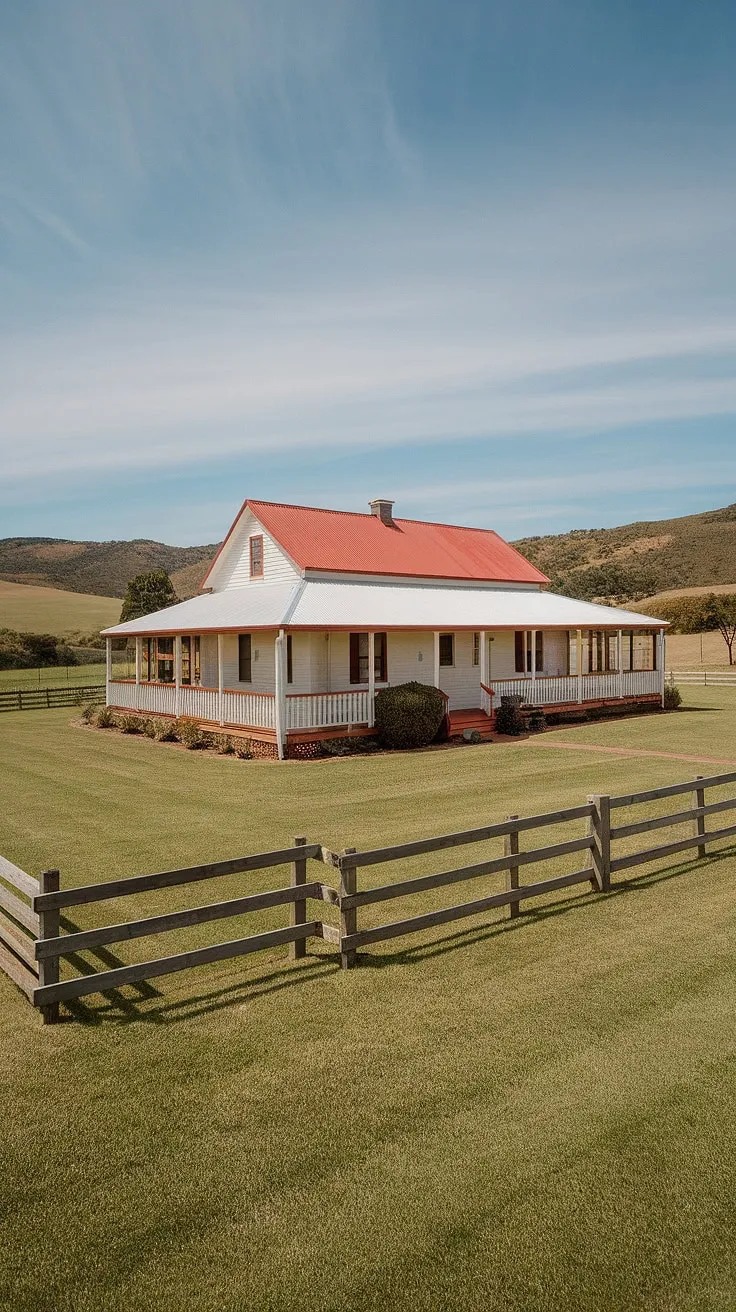A quintessential Australian farmhouse, bathed in the warm glow of the afternoon sun. The red roof and white walls stand in stark contrast to the vibrant green of the rolling hills, a picture of peaceful country living. This is where memories are made, under the vast, clear blue sky.