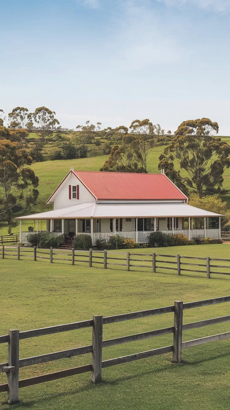 A quintessential Australian farmhouse, bathed in the warm sunlight, stands proudly amidst rolling green hills. The red roof and white walls, framed by a simple wooden fence, tell a story of generations and a life lived close to the land. A peaceful scene, untouched by the rush of city life.