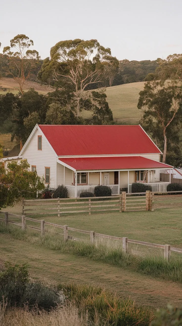 A sun-drenched day paints the Australian landscape in warm hues. This charming farmhouse, with its striking red roof and white walls, stands as a testament to the enduring spirit of the countryside. A truly idyllic setting.