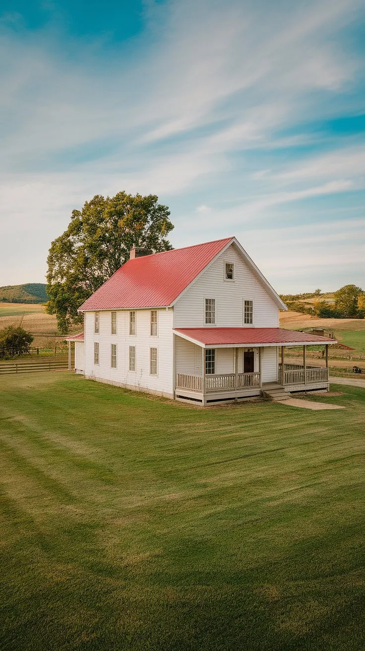 This charming farmhouse, painted a crisp white against the vibrant green lawn, sits nestled amongst the rolling hills, a picture of idyllic country living. The red roof and wooden porch add to its timeless appeal, a perfect example of rural serenity. A true escape.