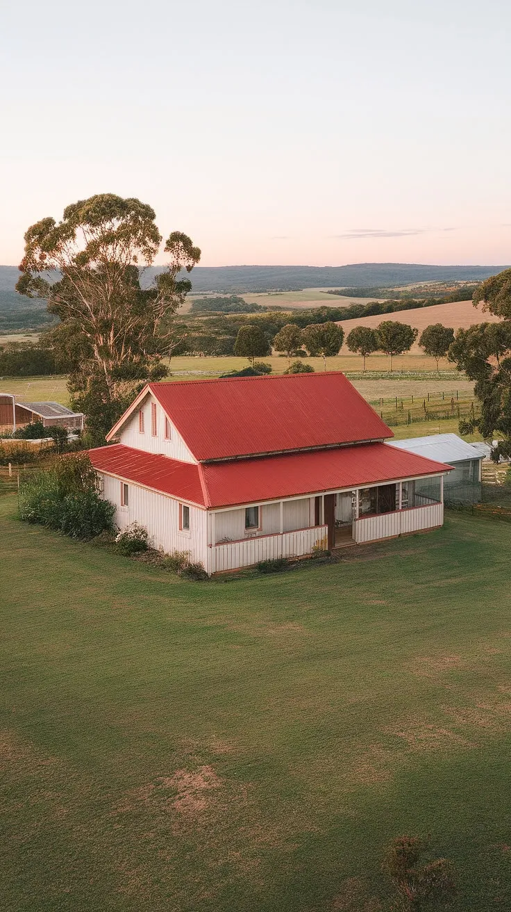 A quintessential Australian farmstead, bathed in the warm glow of the setting sun. The red roof of this charming white weatherboard house stands out against the vibrant green of the rolling hills, a picture of peaceful rural life. A true testament to the beauty of the Australian countryside.
