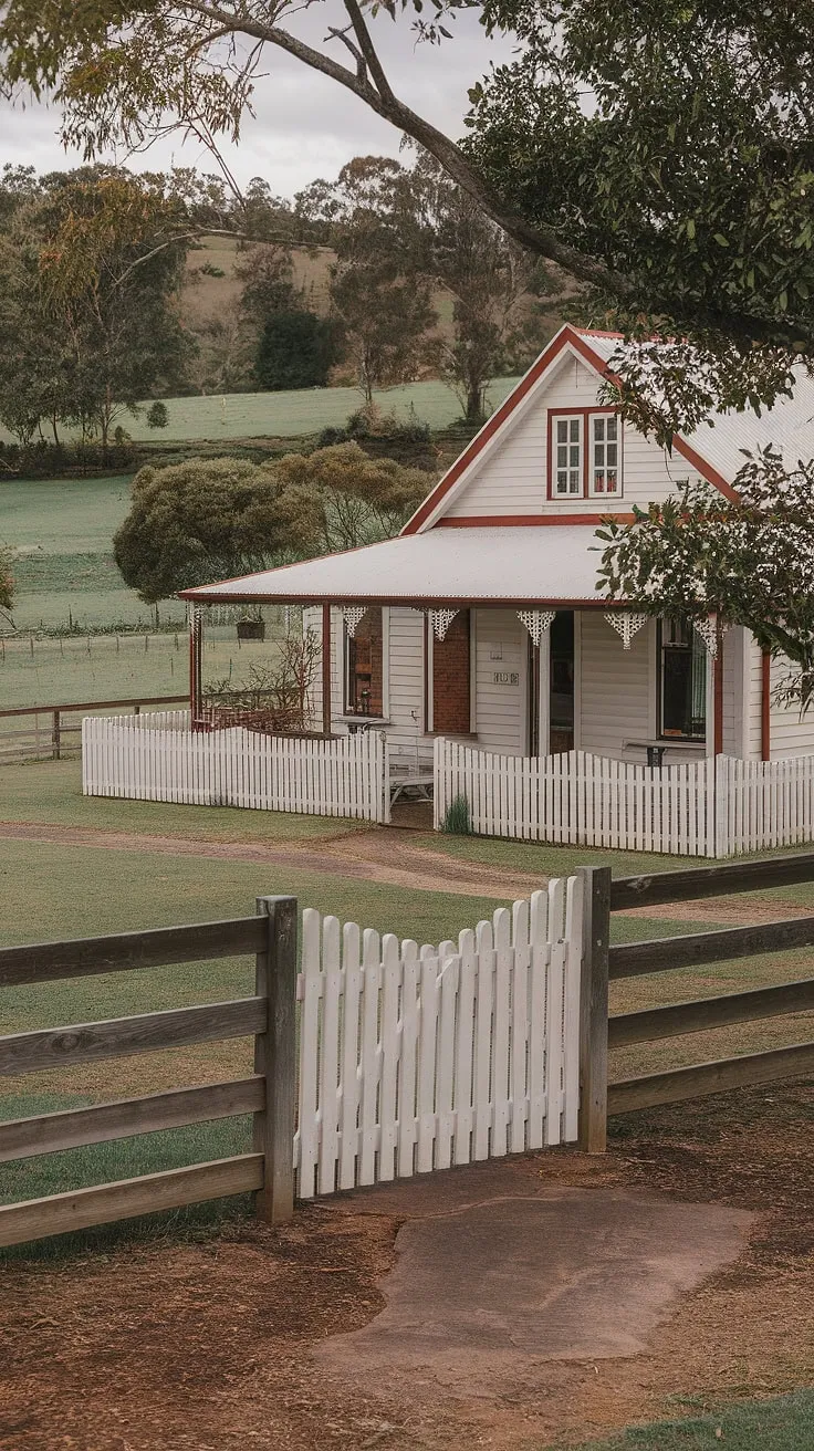 This charming white farmhouse, nestled amongst the vibrant Australian landscape, whispers tales of simpler times. The red roof and neat picket fence paint a picture of idyllic country life, a testament to the enduring beauty of the Australian countryside.