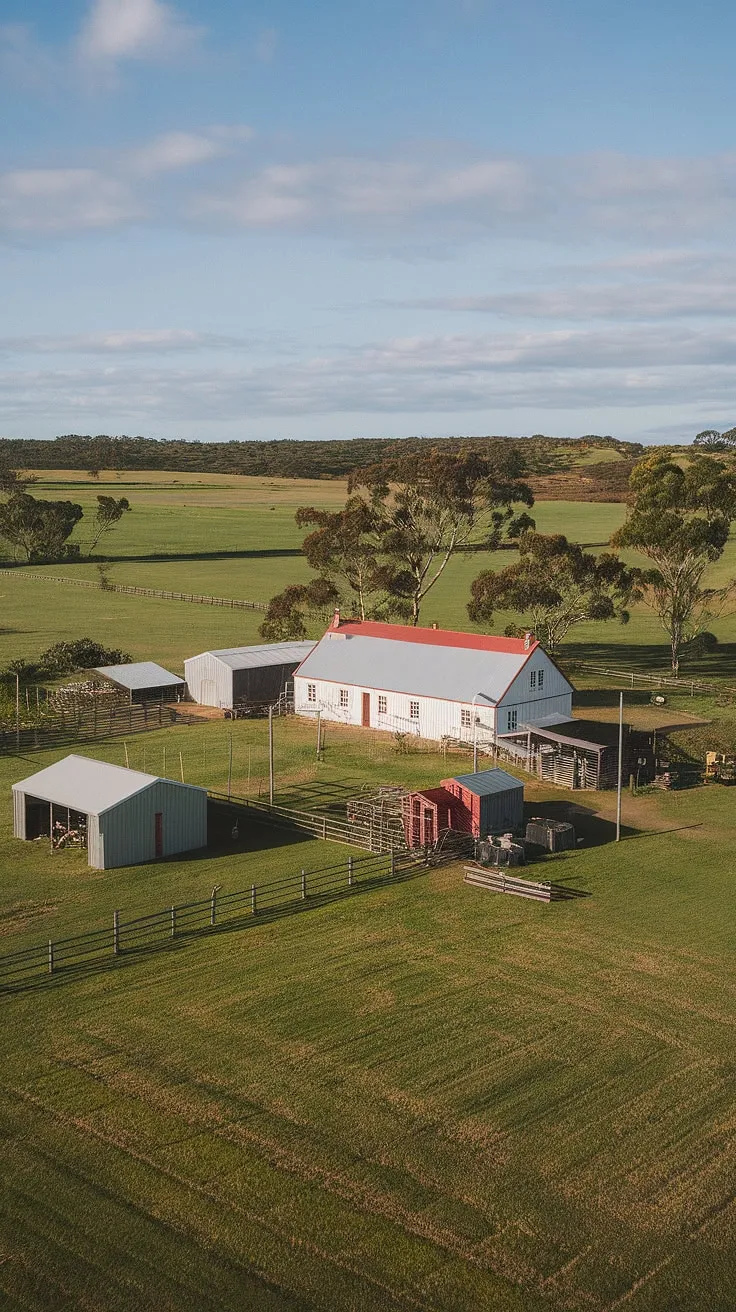 A quintessential Australian farmhouse, bathed in the warm glow of the afternoon sun. The rolling green hills and distant blue sky paint a picture of peaceful country living, a testament to the enduring spirit of rural Australia. This idyllic scene embodies the simple beauty and hard-working heritage of the land.