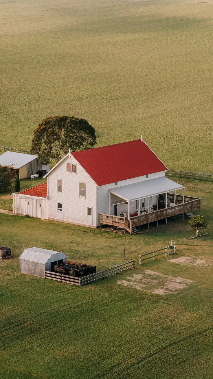 A quintessential Australian farmhouse, bathed in the warm glow of the setting sun. The sprawling green fields and distant gum trees paint a picture of peaceful country living, a true escape from the everyday. This idyllic scene embodies the spirit of rural Australia.