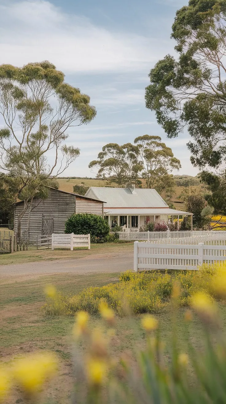 This charming Australian farmhouse, bathed in the golden light of a summer's day, is a picture of serenity. The vibrant yellow wildflowers carpet the land, a beautiful contrast to the crisp white fence and rustic barn. A true haven of tranquility.