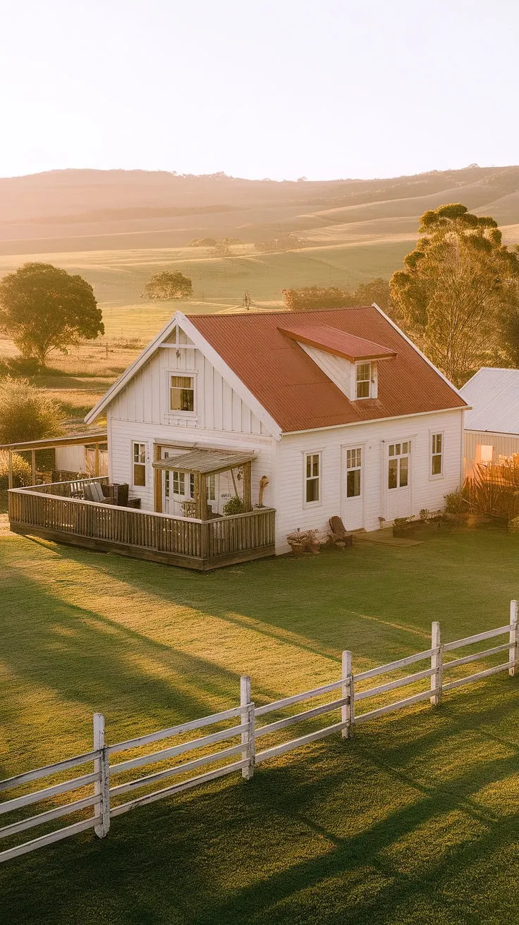 This idyllic Australian farmhouse, bathed in the golden light of sunset, offers a tranquil retreat. A picturesque landscape unfolds beyond the white picket fence, promising peace and quiet. A dream home nestled in the heart of the countryside.