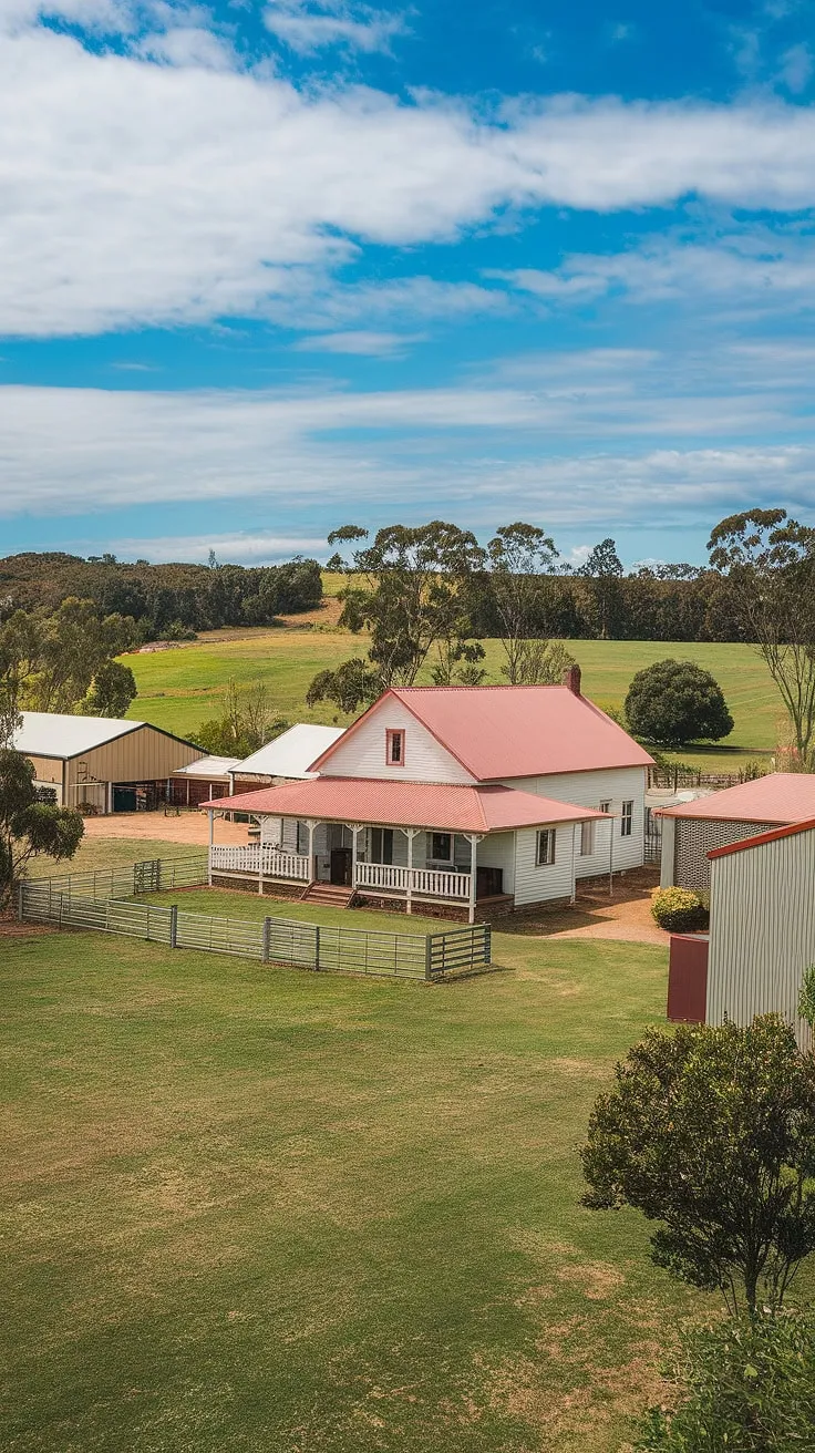 A quintessential Australian farmhouse, bathed in the warm glow of the afternoon sun. The red roof and whitewashed walls stand proudly amongst rolling green hills, a testament to generations of resilience and the enduring spirit of the land. A peaceful scene, a perfect picture of rural life.
