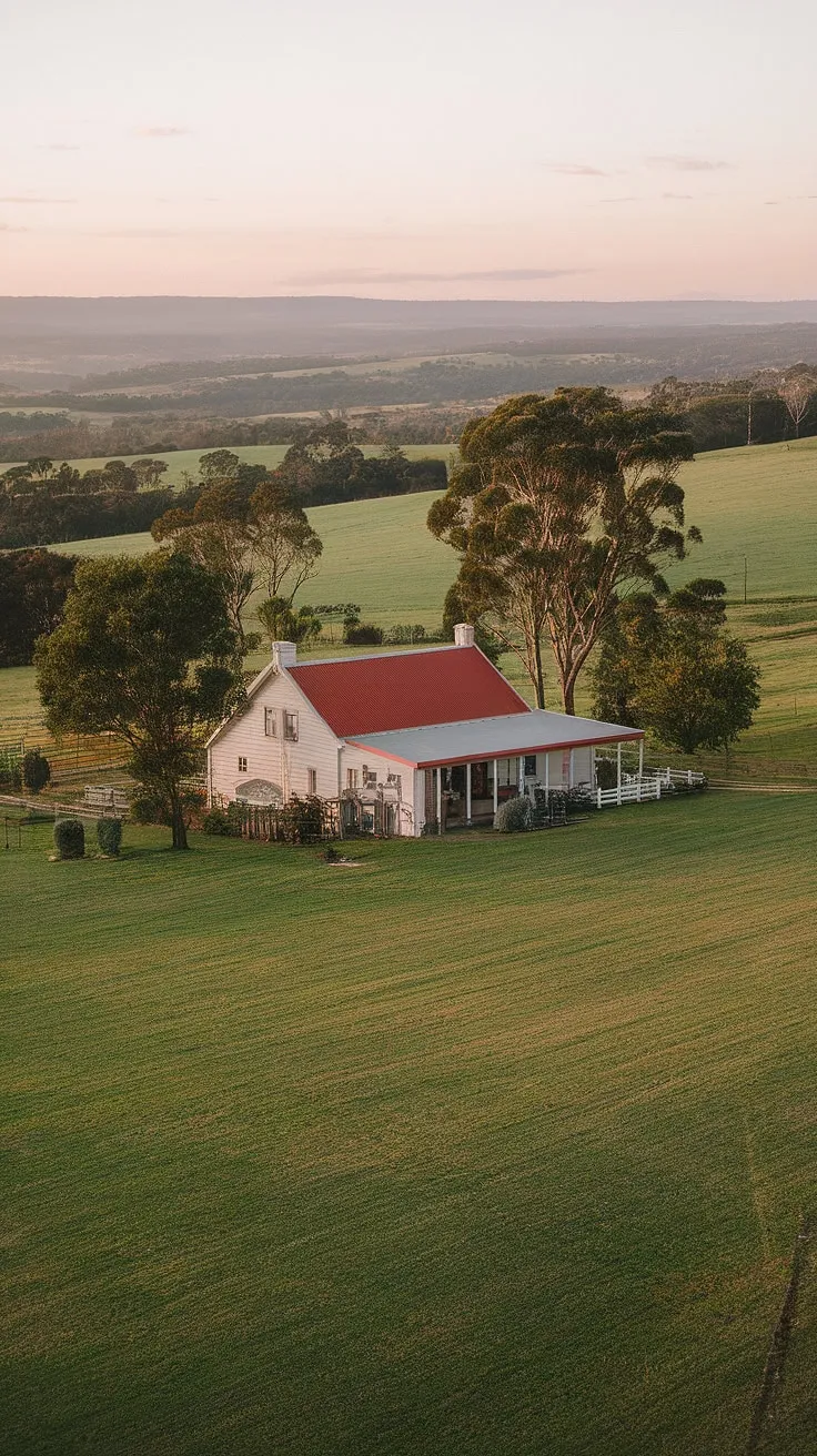 Nestled amongst rolling hills and lush pastures, this charming white farmhouse offers a glimpse into the serene heart of the Australian countryside. A testament to simple living and breathtaking views, it's a scene that captures the essence of peace and quiet. A true haven.