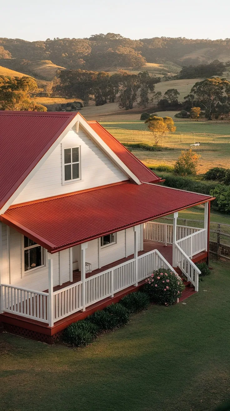 A quintessential Australian farmhouse, painted white against the vibrant green of its garden, sits proudly overlooking the rolling hills. The red roof and wide veranda offer a glimpse into a life lived simply, yet richly, connected to the land.