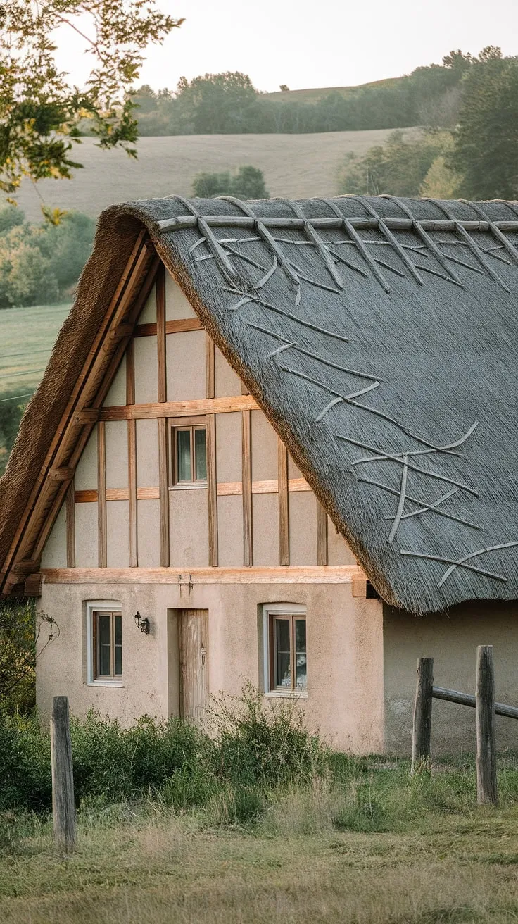 A timeless scene unfolds: a humble thatched-roof cottage, its weathered timbers whispering tales of generations past, nestled amidst the verdant embrace of the countryside. The rolling hills in the distance paint a picture of serene tranquility, a testament to the enduring beauty of rural life. A perfect escape from the everyday.