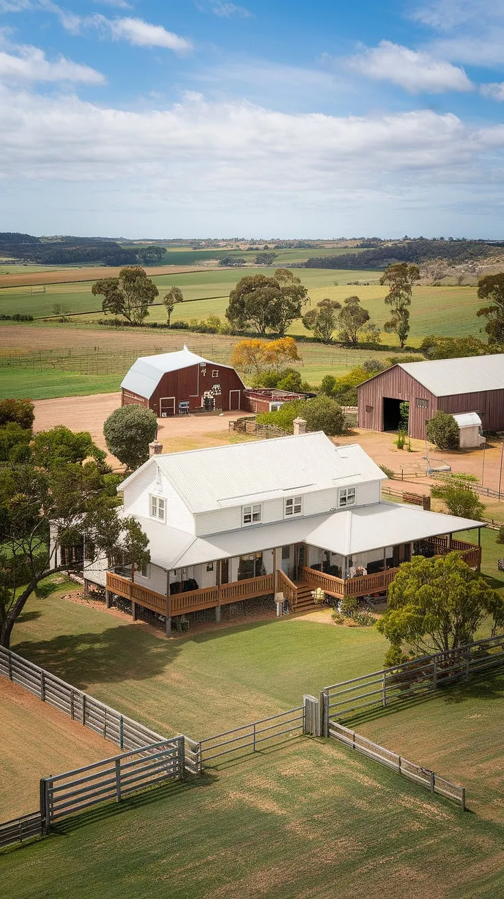 A sprawling Australian farmhouse, painted white against a backdrop of endless blue sky and rolling farmland. The wide veranda beckons, promising quiet evenings and breathtaking sunsets. This is the epitome of rural serenity, a place where dreams are built and cherished.