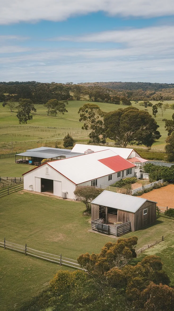 A quintessential Australian farmstead, bathed in the warm glow of the afternoon sun. The red roof of the farmhouse, a vibrant contrast against the white walls, speaks of generations of resilience and the enduring spirit of the land. A testament to the simple beauty of rural life.