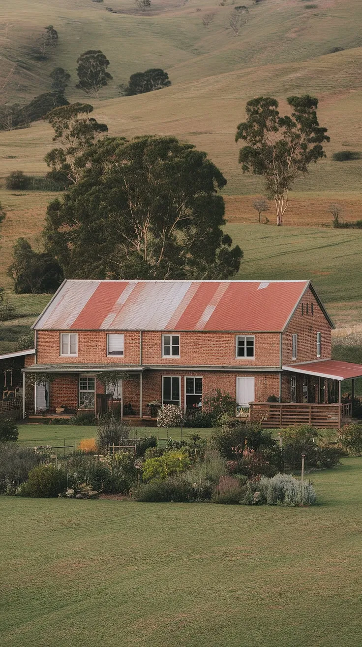 A quintessential Australian farmhouse, bathed in the warm glow of the setting sun. The red brick and tin roof, weathered by time, tell tales of generations past, while the lush garden and sprawling hills speak to the enduring beauty of the land. A peaceful retreat, a testament to simple living.