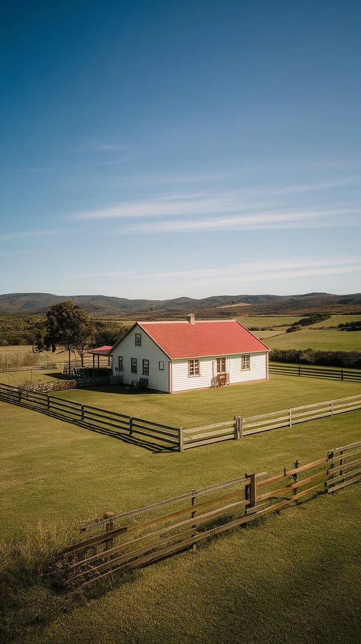 This charming white farmhouse, nestled amongst the undulating hills of the Australian countryside, offers a glimpse into a simpler way of life. The red roof and wooden fence add to its rustic charm, creating a scene of idyllic serenity. A true testament to the beauty of rural Australia.