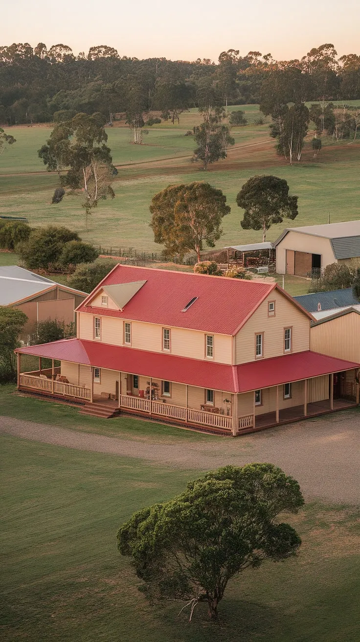 This charming beige farmhouse, with its iconic red roof, sits nestled amongst the vibrant green fields of the Australian outback. The expansive property, complete with several outbuildings, speaks to a simpler time, a life lived close to the land, and a connection to the rich history of this beautiful country.