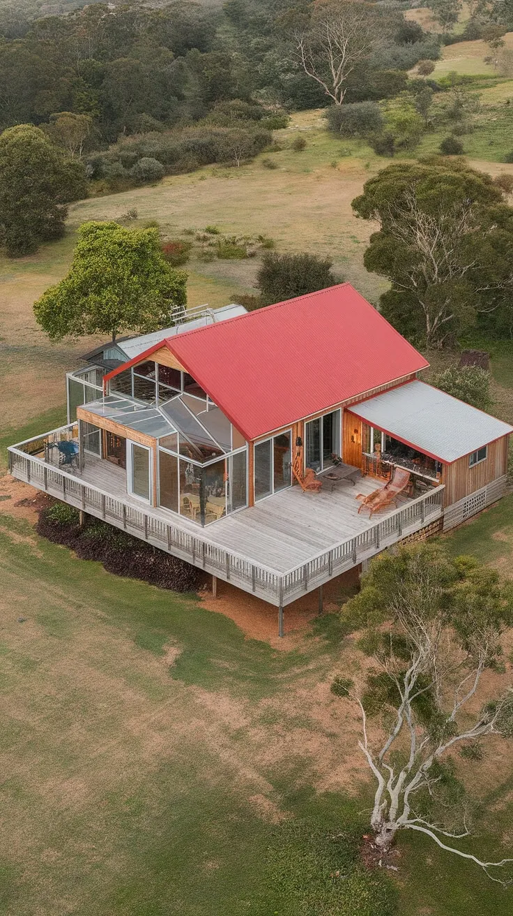 Sunlight streams across the expansive wooden deck, a perfect spot to enjoy the tranquil Australian countryside views from this multi-level home. The red roof and large windows offer a warm and inviting feel, a testament to comfortable, A-class rural living.