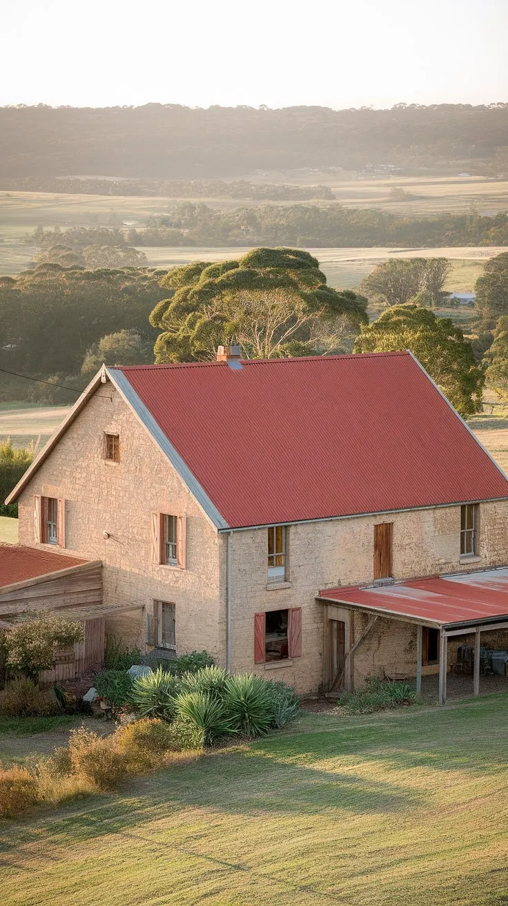 A timeless Australian farmhouse, nestled amongst the rolling hills. Its weathered stone and red roof tell tales of generations past, a testament to resilience and the enduring beauty of the land. The quiet strength of this home speaks volumes.