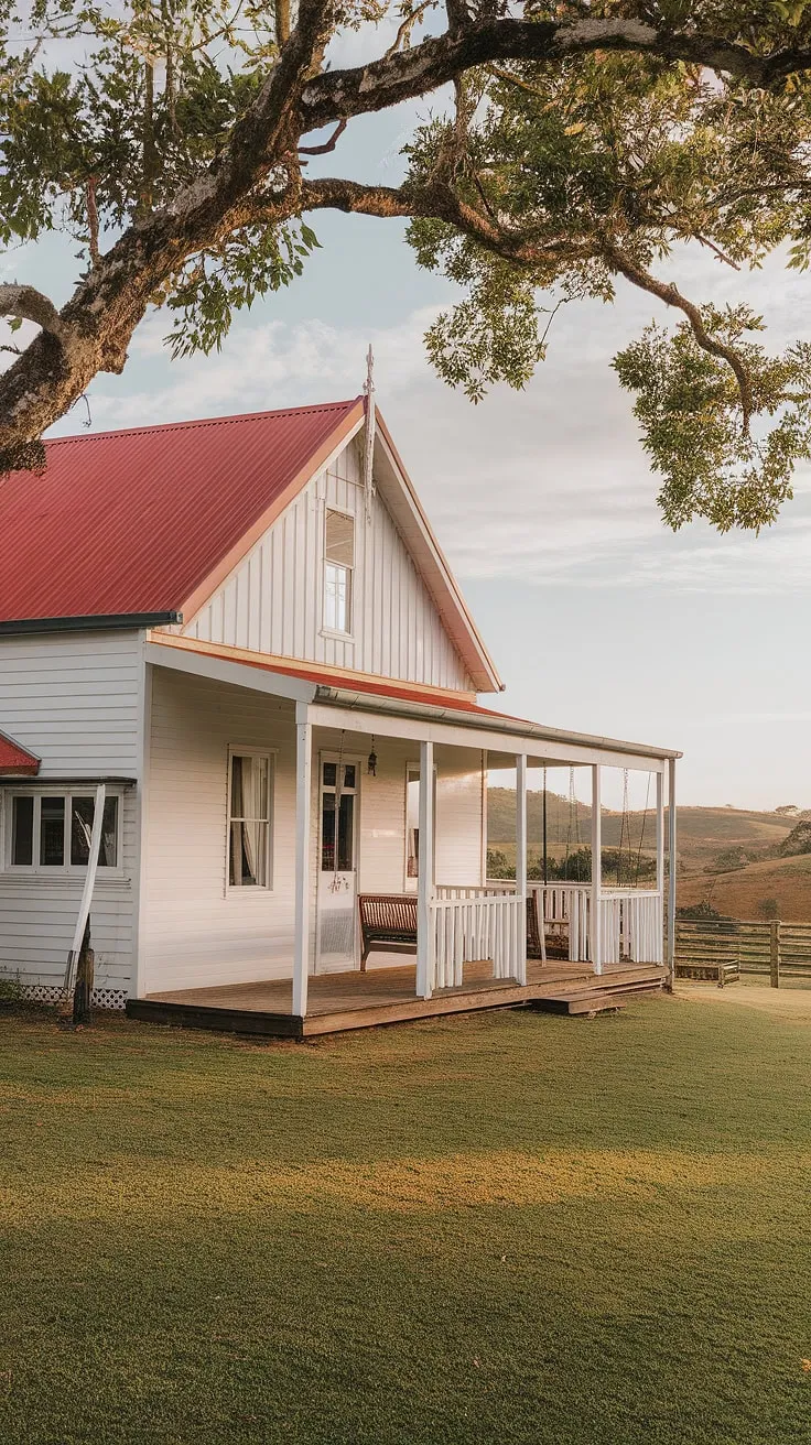 A quintessential Australian farmhouse, painted white against the vibrant red roof, sits peacefully overlooking rolling hills. The wooden veranda, complete with elegant columns, invites you to relax on the swing and soak in the breathtaking countryside views. This idyllic scene perfectly captures the essence of rural serenity.
