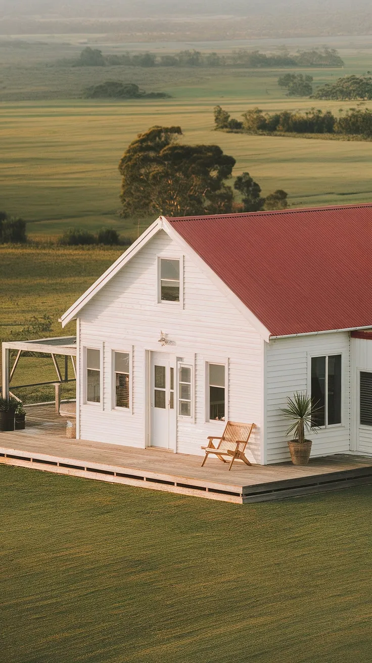 A quintessential Australian farmhouse, bathed in the warm glow of the setting sun. The wide veranda offers a perfect spot to enjoy the serenity of the sprawling countryside, a peaceful escape from the everyday. A simple life, lived well.