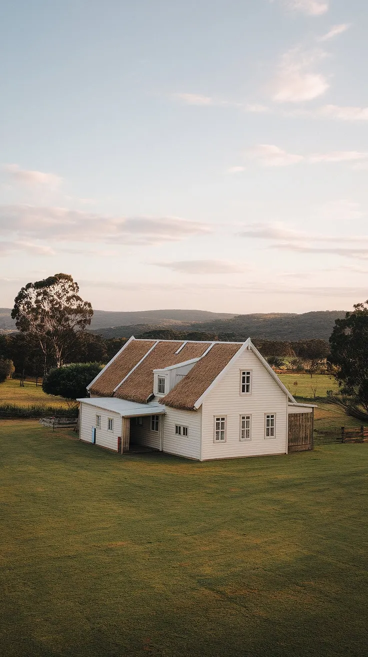 Nestled amongst rolling hills under a vast Australian sky, this charming whitewashed farmhouse with its thatched roof offers a glimpse into a simpler way of life. The lush green expanse surrounding it speaks of peace and quiet, a perfect retreat from the hustle and bustle of modern life. A true haven.