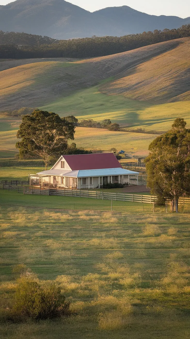 Nestled amongst the whispering trees and sprawling grasslands, this charming white farmhouse stands as a symbol of rural Australia. A tranquil escape, offering a glimpse into a simpler way of life, surrounded by the majesty of the Australian landscape. A truly captivating scene.