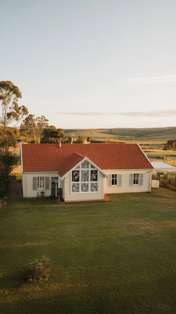 This charming single-story farmhouse, with its terracotta roof and crisp white walls, embodies the spirit of the Australian countryside. A tranquil escape nestled amongst the trees, offering breathtaking views of the surrounding landscape. A true haven of peace.