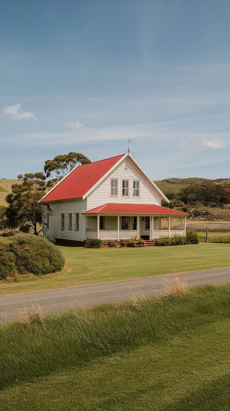 A quintessential Australian farmhouse, bathed in the warm glow of the afternoon sun. The red roof and white weatherboards stand in stark contrast to the vibrant green of the surrounding countryside, a picture of peaceful rural life. A sense of timeless tranquility pervades this idyllic scene, a testament to the enduring beauty of the Australian landscape.